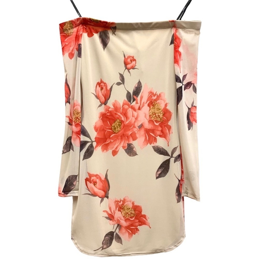 𝅺F21 Off Shoulder Long Sleeve Lined Nude Floral Mini Dress NWT Small